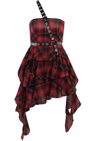 Un Hombro Rojo A Cuadros Asimétrico Vestido Vintage
